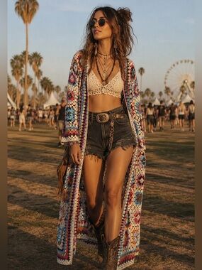 POL Multicolor Granny Square Crochet Kimono Cardigan Boho Festival Duster NWT